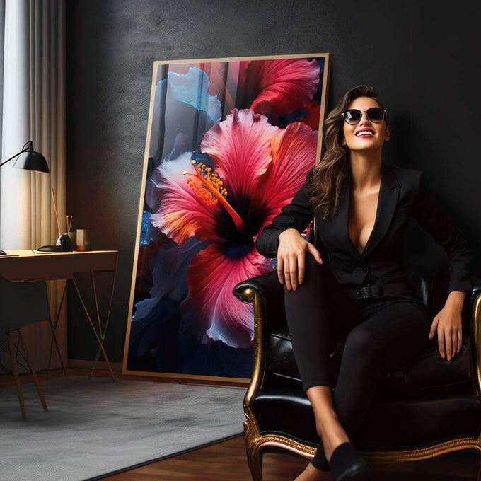 Quadro Decorativo Floral Hibisco - Elegância em Tecido Canvas - quadros decorativos para sala 1 Tela Vertical, 3 Telas - em living room premium