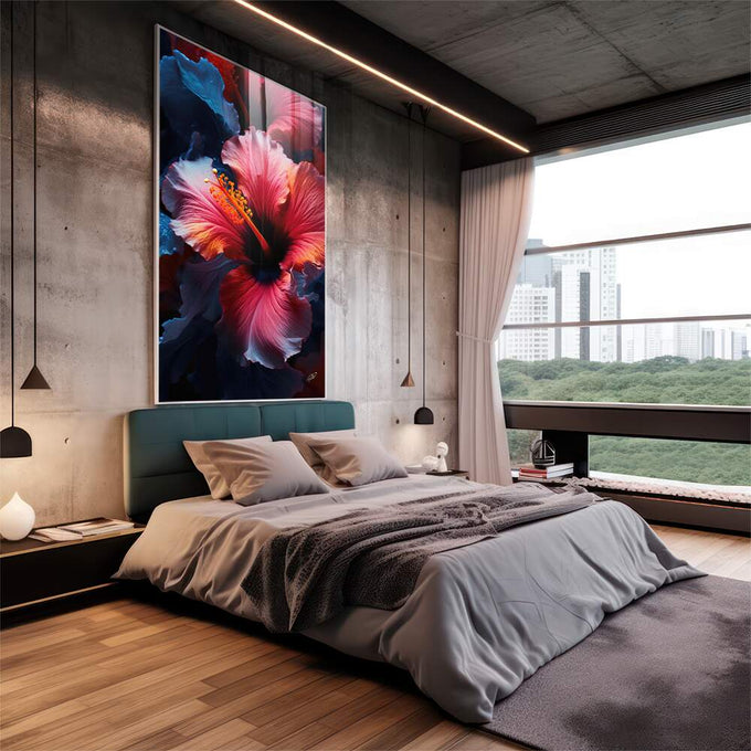 Quadro Decorativo Floral Hibisco - Elegância em Tecido Canvas - quadros decorativos 1 Tela Vertical, 3 Telas - em sala moderna