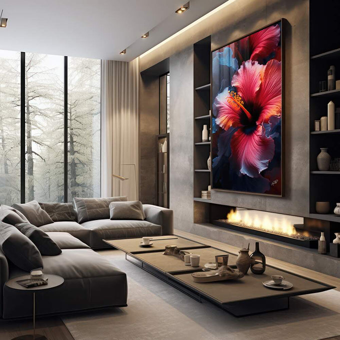 Quadro Decorativo Floral Hibisco - Elegância em Tecido Canvas - quadros decorativos para sala 1 Tela Vertical, 3 Telas - em quarto contemporaneo
