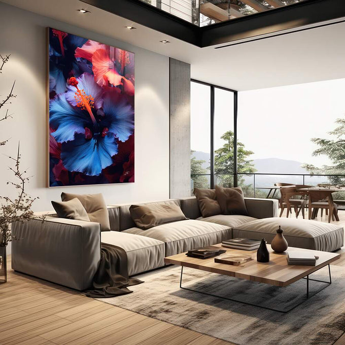 Quadro Decorativo Floral Hibisco 3 - Elegância em Tecido Canvas - quadros decorativos para sala 1 Tela Vertical, 3 Telas - em living room premium