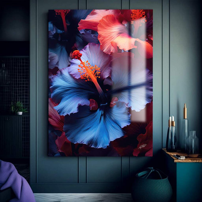 Quadro Decorativo Floral Hibisco 3 - Elegância em Tecido Canvas - quadros decorativos para sala 1 Tela Vertical, 3 Telas - em ambiente decorado