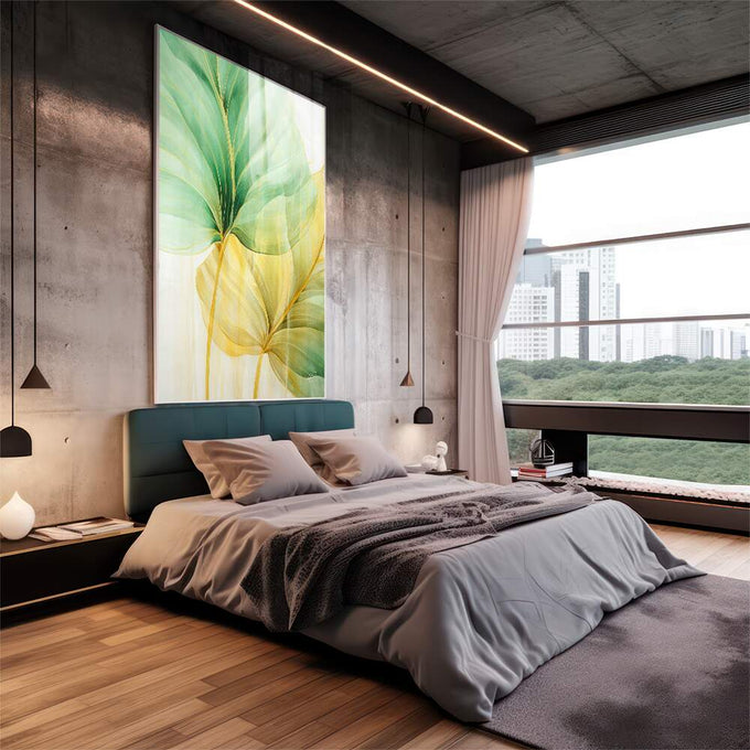 Quadro Decorativo Folhagem Dourada e Verde - Elegância Natural para Sua Decoração - quadros decorativos 1 Tela Vertical, 3 Telas - em escritorio elegante