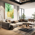 Quadro Decorativo Folhagem Dourada e Verde - Elegância Natural para Sua Decoração - quadros decorativos para sala 1 Tela Vertical, 3 Telas - em living room premium