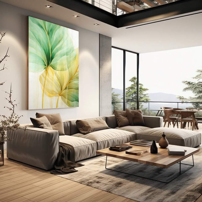 Quadro Decorativo Folhagem Dourada e Verde - Elegância Natural para Sua Decoração - quadros decorativos para sala 1 Tela Vertical, 3 Telas - em living room premium