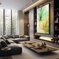 Quadro Decorativo Folhagem Dourada e Verde - Elegância Natural para Sua Decoração - quadros decorativos 1 Tela Vertical, 3 Telas - em sala moderna
