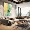Quadro Decorativo Folhagem Dourada e Verde - Elegância Natural para sua Casa - quadros decorativos para sala 1 Tela Vertical, 3 Telas - em living room premium