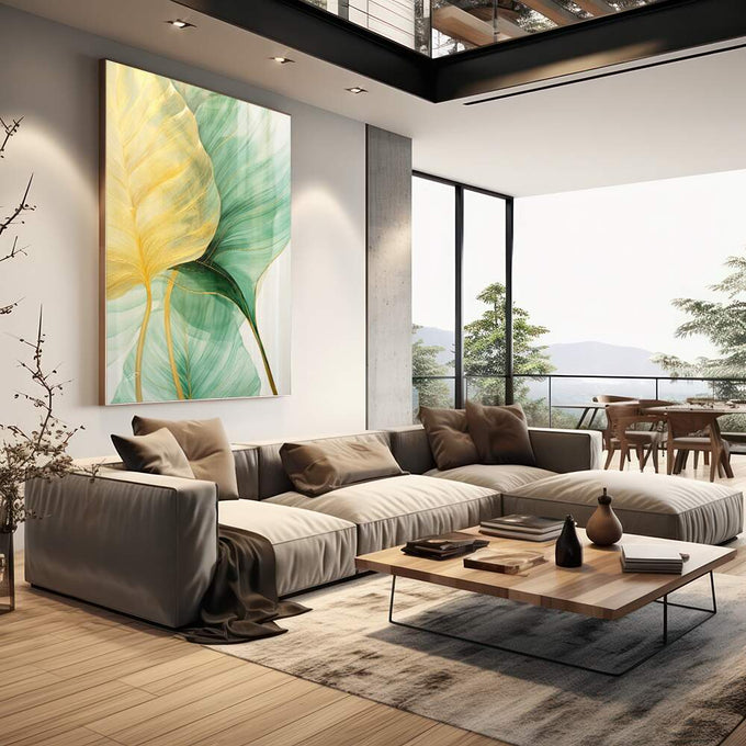 Quadro Decorativo Folhagem Dourada e Verde - Elegância Natural para sua Casa - quadros decorativos para sala 1 Tela Vertical, 3 Telas - em living room premium
