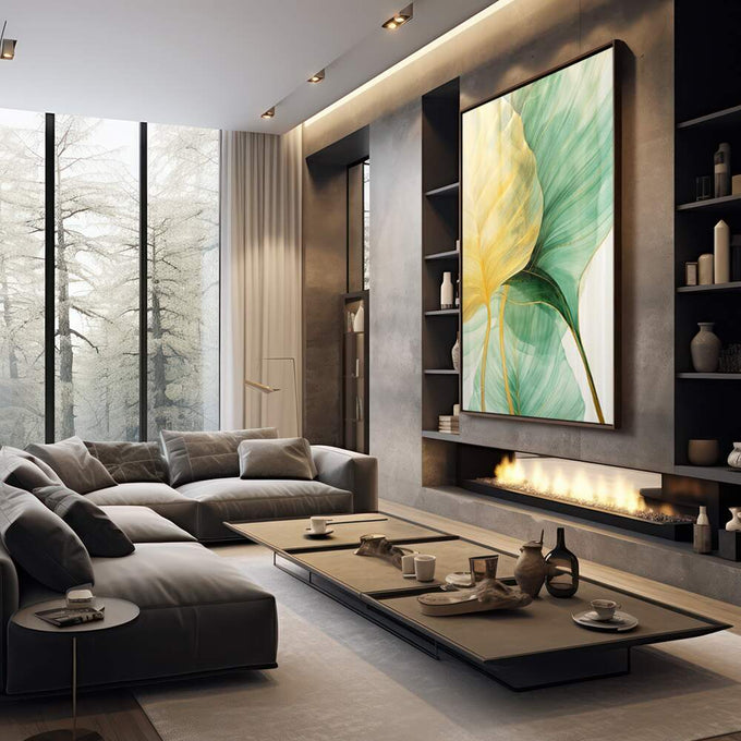 Quadro Decorativo Folhagem Dourada e Verde - Elegância Natural para sua Casa - quadros decorativos 1 Tela Vertical, 3 Telas - em sala moderna