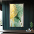 Quadro Decorativo Folhagem Dourada e Verde - Elegância Natural para sua Casa - quadros decorativos para sala 1 Tela Vertical, 3 Telas - em ambiente decorado