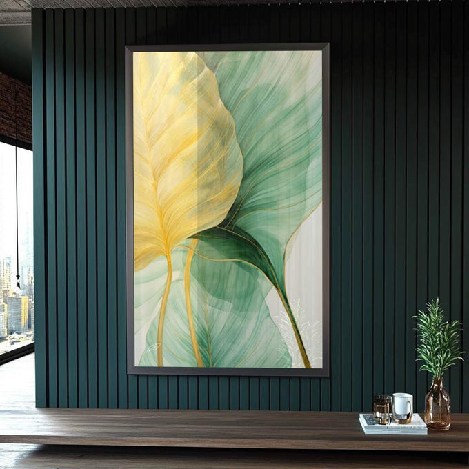 Quadro Decorativo Folhagem Dourada e Verde - Elegância Natural para sua Casa - quadros decorativos para sala 1 Tela Vertical, 3 Telas - em ambiente decorado