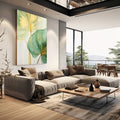 Quadro Decorativo Folhagem Dourada e Verde - Elegância Natural para Sua Decoração - quadros decorativos para sala 1 Tela Vertical, 3 Telas - em living room premium