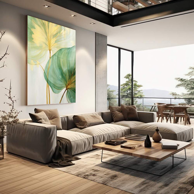 Quadro Decorativo Folhagem Dourada e Verde - Elegância Natural para Sua Decoração - quadros decorativos para sala 1 Tela Vertical, 3 Telas - em living room premium