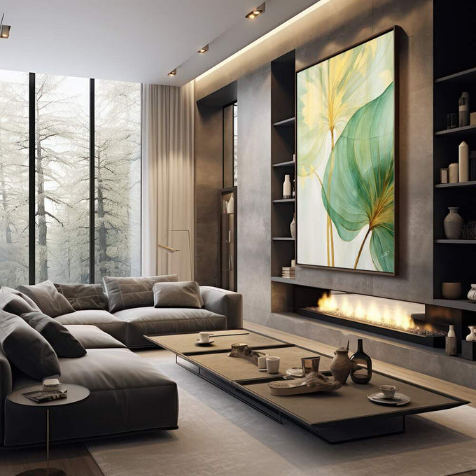 Quadro Decorativo Folhagem Dourada e Verde - Elegância Natural para Sua Decoração - quadros decorativos 1 Tela Vertical, 3 Telas - em sala moderna