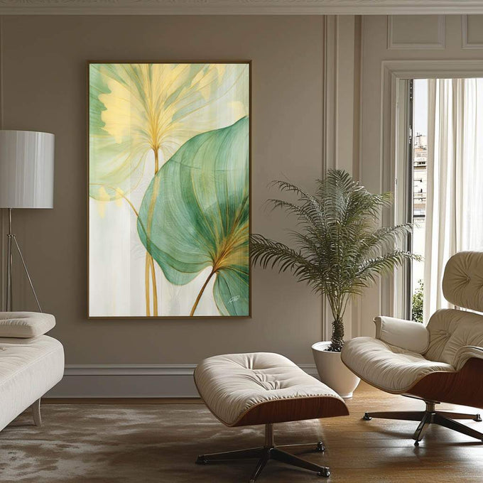Quadro Decorativo Folhagem Dourada e Verde - Elegância Natural para Sua Decoração - quadros decorativos para sala 1 Tela Vertical, 3 Telas - em ambiente decorado