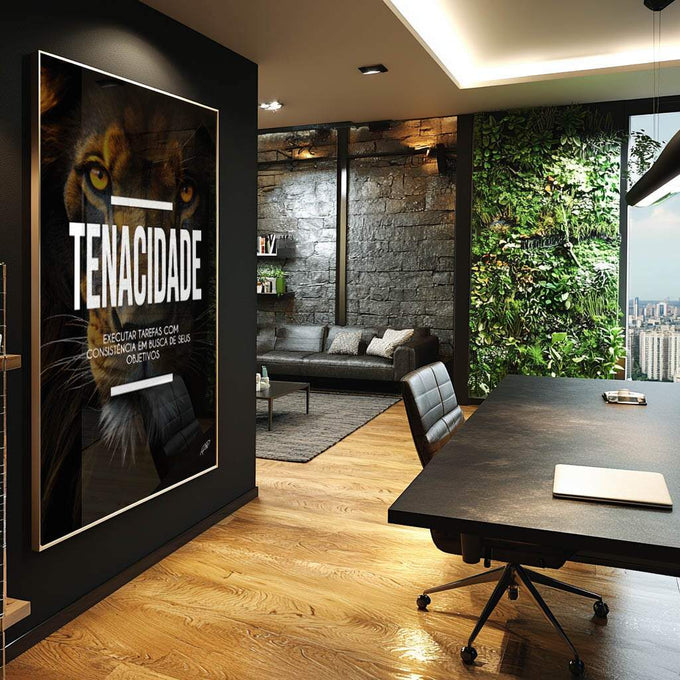 Quadro Decorativo Motivacional Tenacidade - Inspire Seus Dias com Arte - quadros decorativos para sala 1 Tela Vertical, 3 Telas - em ambiente decorado
