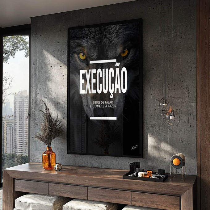 Quadro Decorativo Motivacional \'Execução\' - Estilo Moderno para Sua Casa - quadros decorativos para sala 1 Tela Vertical, 3 Telas - em ambiente decorado