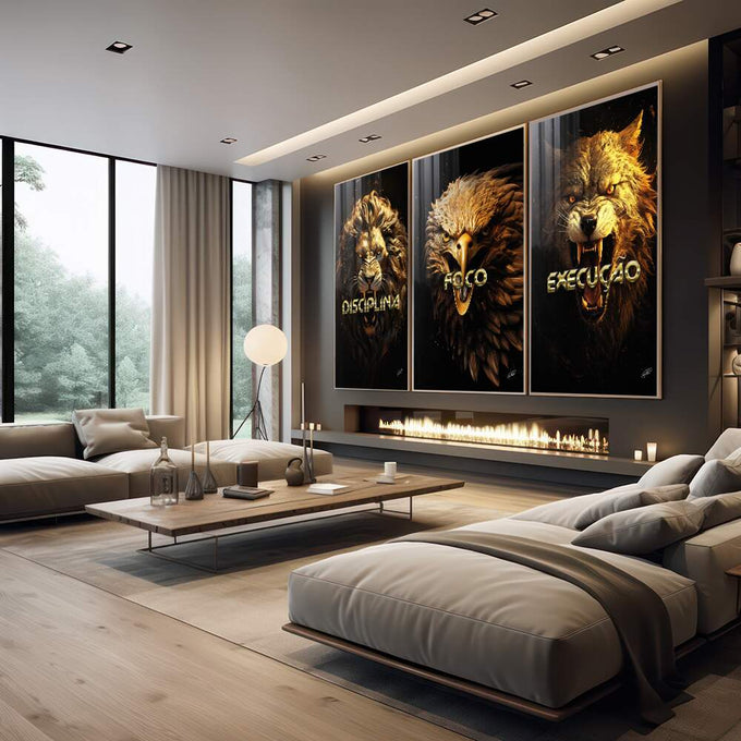 Quadro Decorativo Disciplina, Execução e Foco - Inspiração e Estilo para Sua Decoração - quadros decorativos para sala 1 Tela Vertical, 3 Telas - em quarto contemporaneo