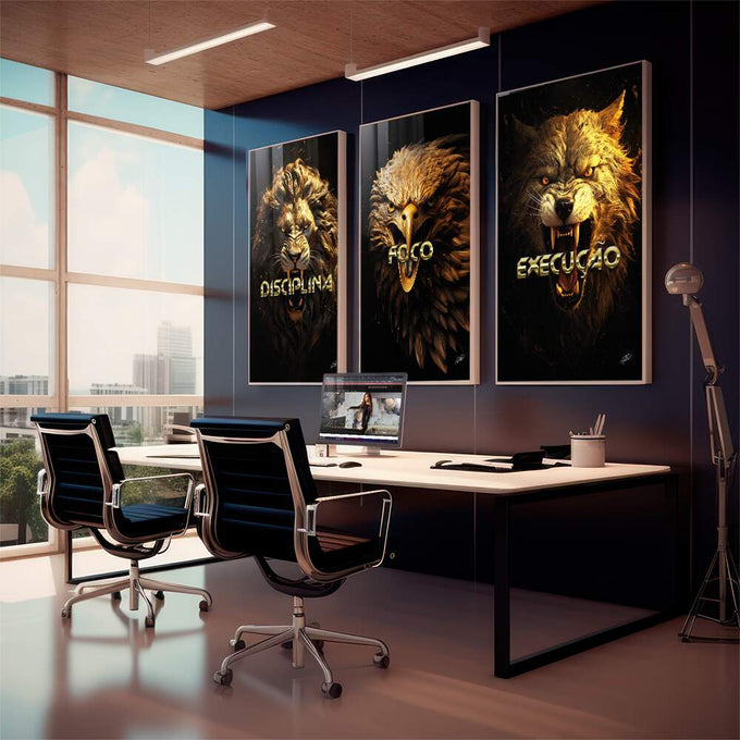 Quadro Decorativo Disciplina, Execução e Foco - Inspiração e Estilo para Sua Decoração - quadros decorativos para sala 1 Tela Vertical, 3 Telas - em living room premium