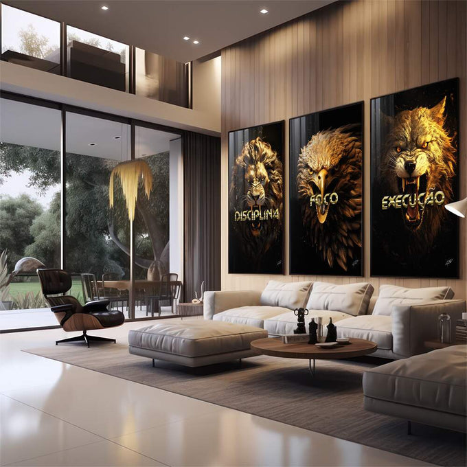 Quadro Decorativo Disciplina, Execução e Foco - Inspiração e Estilo para Sua Decoração - quadros decorativos 1 Tela Vertical, 3 Telas - em sala moderna