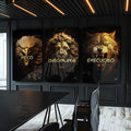 Quadro Decorativo Disciplina, Execução e Foco - Inspiração e Estilo para Sua Decoração - quadros decorativos para sala 1 Tela Vertical, 3 Telas - em ambiente decorado