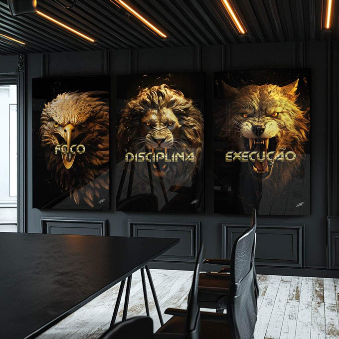 Quadro Decorativo Disciplina, Execução e Foco - Inspiração e Estilo para Sua Decoração - quadros decorativos para sala 1 Tela Vertical, 3 Telas - em ambiente decorado