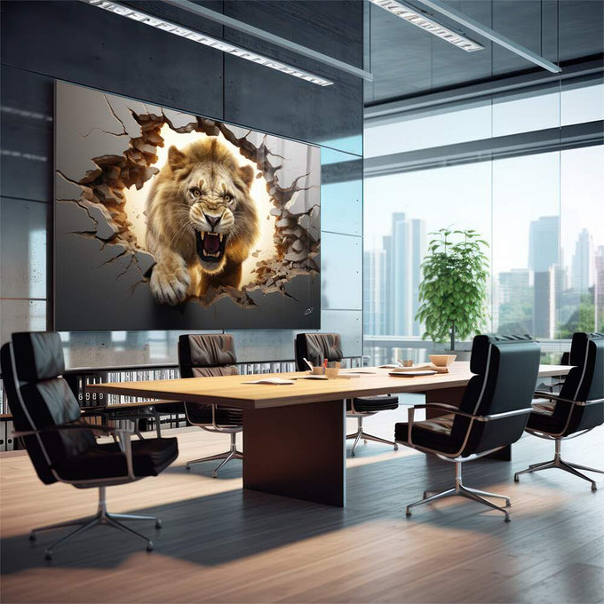 Quadro Decorativo Premium: Leão Quebrando Parede em Aura Dourada - quadros decorativos para sala 1 Tela, 1 Tela Horizontal - em quarto contemporaneo