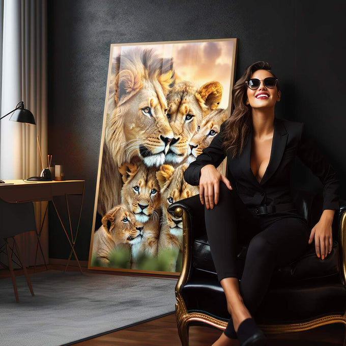 Quadro Decorativo Elegante com Família de Leão - 4 Filhotes em Canvas Premium - quadros decorativos para sala 1 Tela Vertical, 3 Telas - em quarto contemporaneo