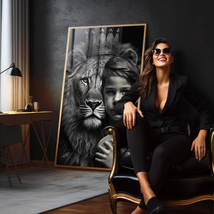 Quadro Decorativo Elegante Leão com Menino - Arte em Canvas Premium - quadros decorativos para sala 1 Tela Vertical, 3 Telas - em quarto contemporaneo