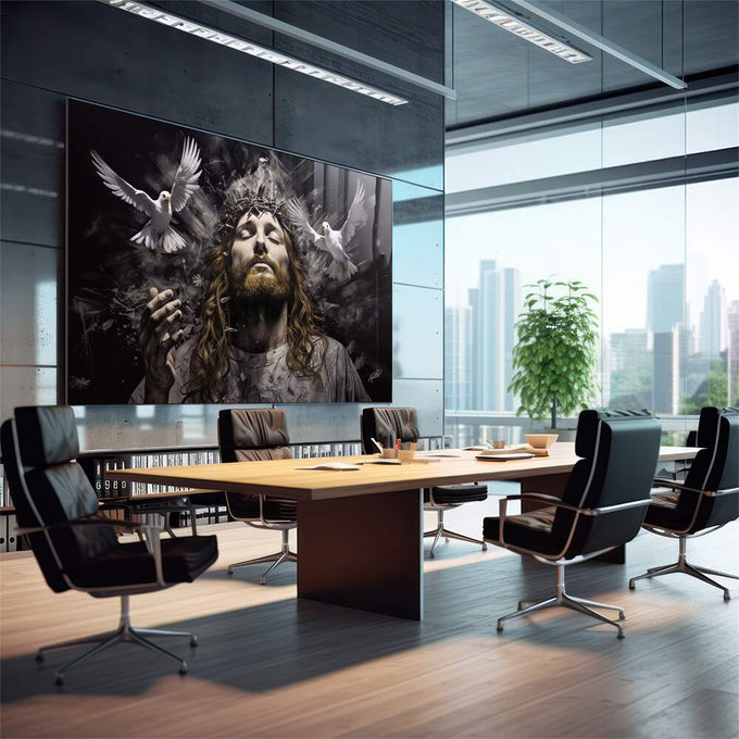 Quadro Decorativo Jesus - Elegância e Espiritualidade em Tecido Canvas Dourado - quadros decorativos para sala 1 Tela, 1 Tela Horizontal - em quarto contemporaneo