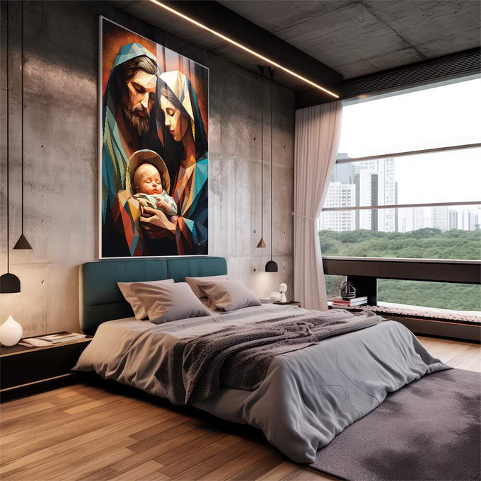 Quadro Decorativo Moderno Família Santa Geométrico - Design Sofisticado para sua Casa - quadros decorativos para sala 1 Tela Vertical, 3 Telas - em quarto contemporaneo