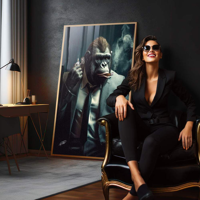Quadro Decorativo Macaco Executivo - Arte Exclusiva para Pintar seu Espaço com Estilo - quadros decorativos para sala 1 Tela Vertical, 3 Telas - em quarto contemporaneo