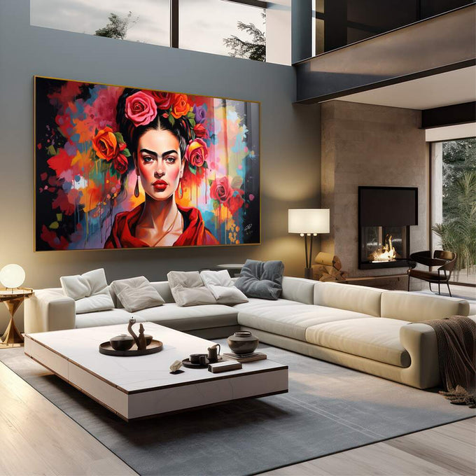 Quadro Decorativo Frida 03 - Elegância e Estilo em Tecido Canvas Premium - quadros decorativos para sala 1 Tela, 1 Tela Horizontal - em quarto contemporaneo
