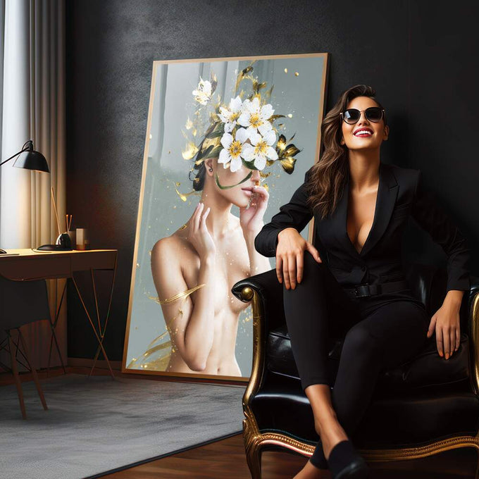Quadro Decorativo Mulher com Cabeça de Flores - Elegância e Sofisticação para Seu Ambiente - quadros decorativos para sala 1 Tela Vertical, 3 Telas - em quarto contemporaneo