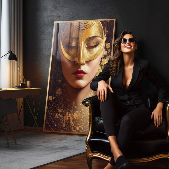 Quadro Decorativo Golden Face - Elegância e Sofisticação para sua Decoração - quadros decorativos para sala 1 Tela Vertical, 3 Telas - em quarto contemporaneo