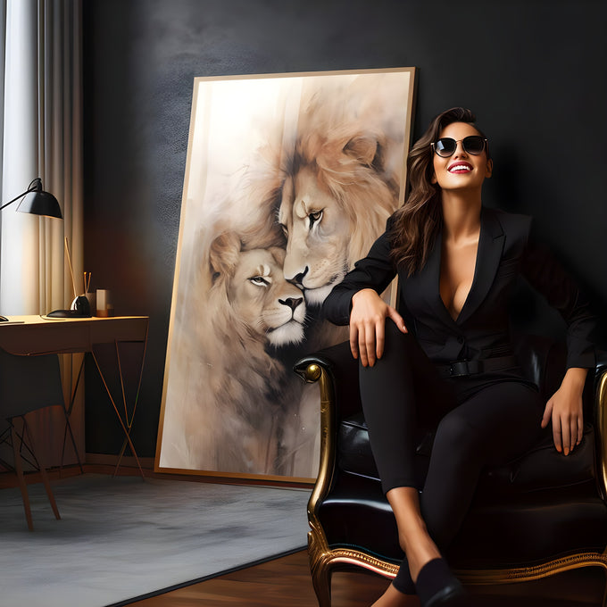 Casal de leão e leoa abraçados em pintura suave com tons bege e marrom, quadro decorativo