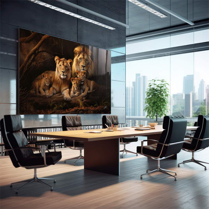 Quadro Decorativo Família de Leão com 3 Filhotes - Ternura e Estilo para sua Decoração - quadros decorativos para sala 1 Tela, 1 Tela Horizontal - em quarto contemporaneo