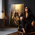 Jesus Cristo com coroa dourada olhando para o céu, mãos erguidas sob raios de luz, quadro decorativo