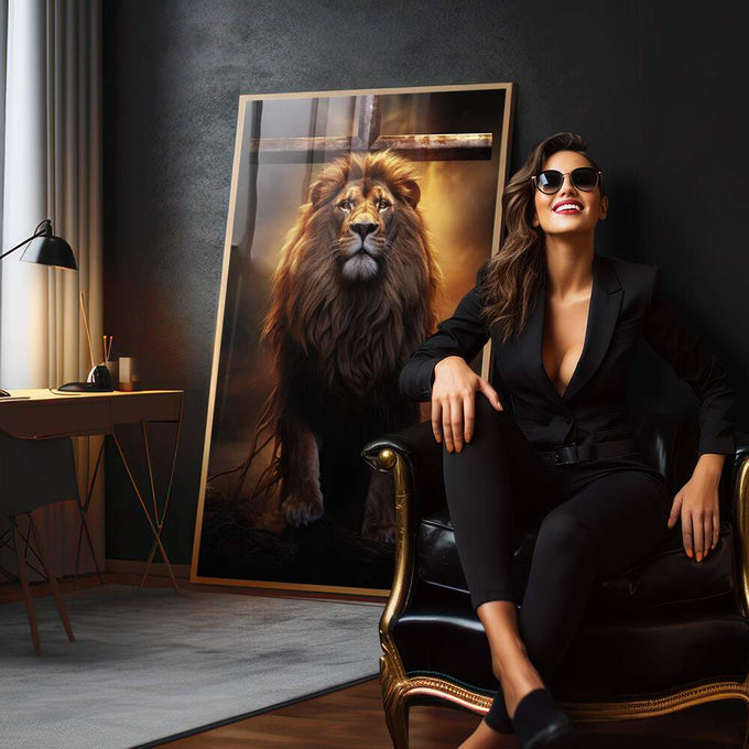 Quadro Decorativo Leão e Cruz - Arte Elegante para Transformar seu Espaço - quadros decorativos para sala 1 Tela Vertical, 3 Telas - em quarto contemporaneo