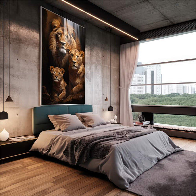 Quadro Decorativo Família de Leão com Filhote - Elegância e Sofisticação para sua Casa - quadros decorativos para sala 1 Tela Vertical, 3 Telas - em living room premium