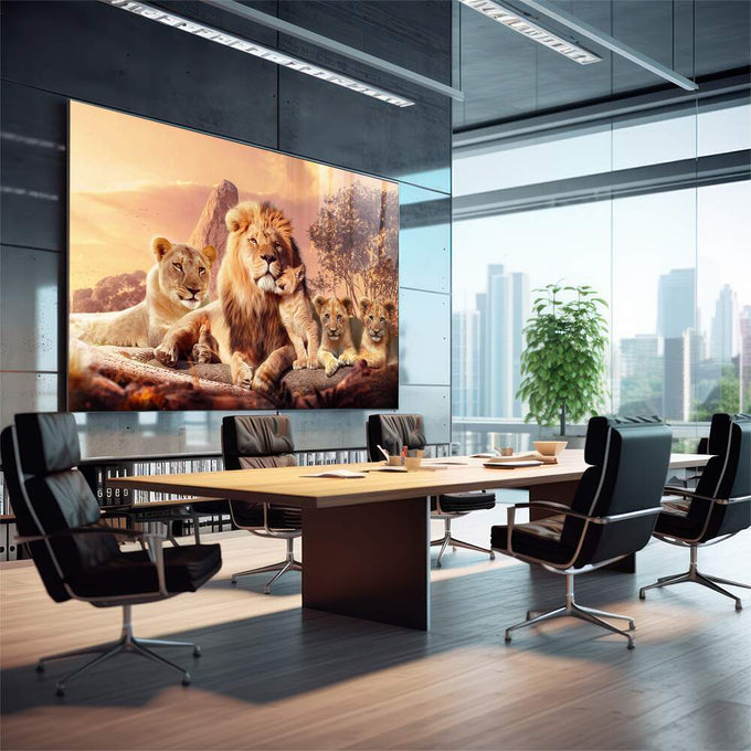 Quadro Decorativo Família de Leões com Filhotes - Elegância e Sofisticação para Sua Decoração - quadros decorativos para sala 1 Tela, 1 Tela Horizontal - em quarto contemporaneo