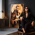 Santo Antônio segurando o Menino Jesus em arte geométrica marrom com auréola dourada, quadro decorativo