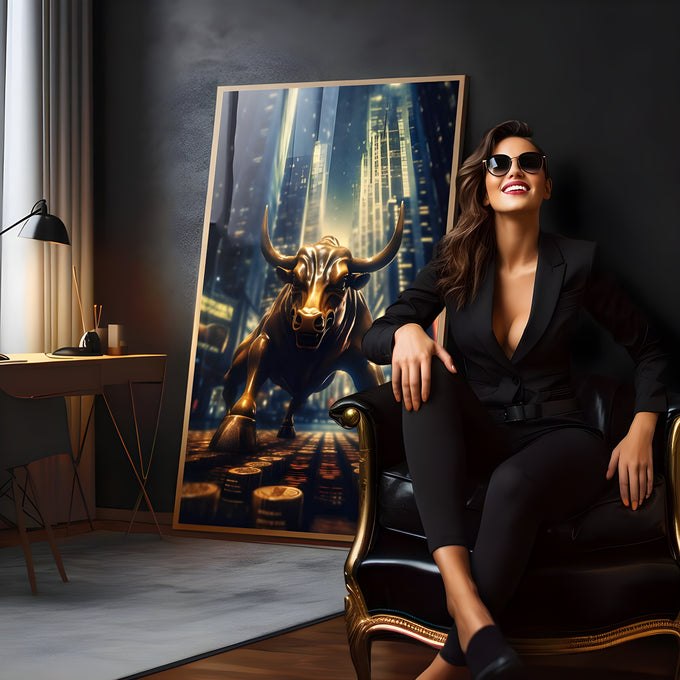 Touro dourado em pose de ataque entre arranha-céus azuis e moedas, estilo Wall Street, quadro decorativo