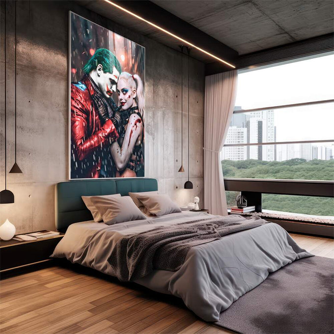 Quadro Decorativo Coringa e Arlequina Colorido: Arte Moderna em Tela Premium - quadros decorativos para sala 1 Tela Vertical, 3 Telas - em quarto contemporaneo