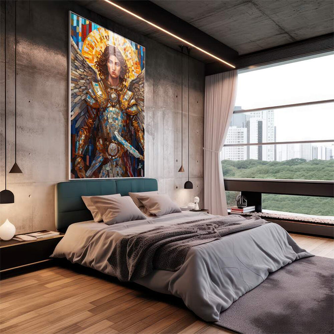 Quadro Decorativo Arcanjo Miguel - Elegância e Estilo para sua Decoração - quadros decorativos para sala 1 Tela Vertical, 3 Telas - em quarto contemporaneo