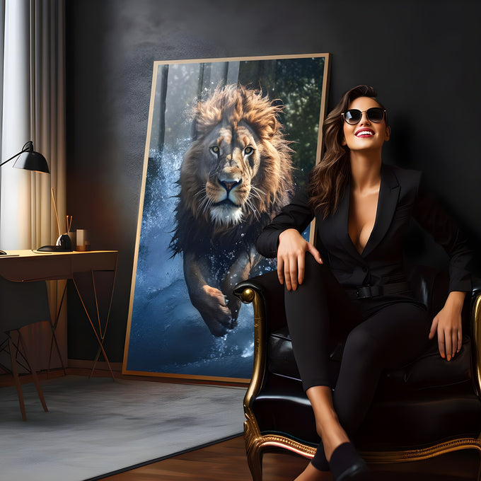 Leão de juba dourada correndo na água com respingos azuis e fundo escuro, quadro decorativo