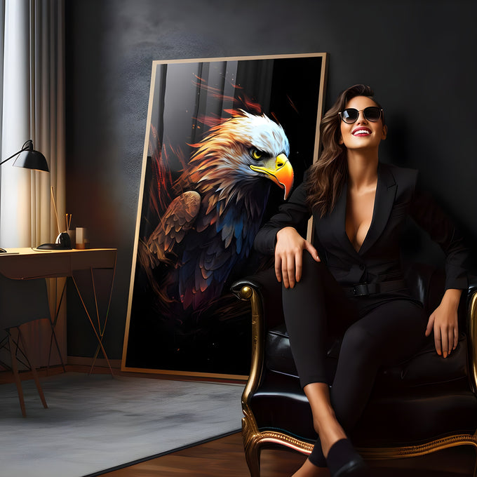 Águia de cabeça branca de perfil com traços de fogo laranja em fundo preto, quadro decorativo