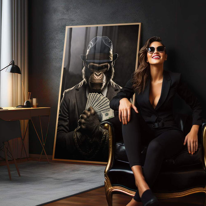 Quadro Decorativo Macaco Gangster - Estilo Urbano para sua Decoração - quadros decorativos para sala 1 Tela Vertical, 3 Telas - em quarto contemporaneo