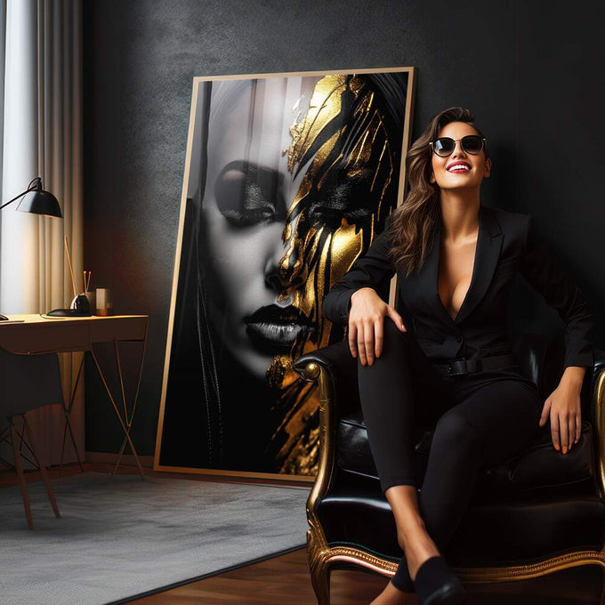 Quadro Decorativo Contemporâneo Rosto Metade Dourado e Metade Preto e Branco - quadros decorativos para sala 1 Tela Vertical, 3 Telas - em quarto contemporaneo