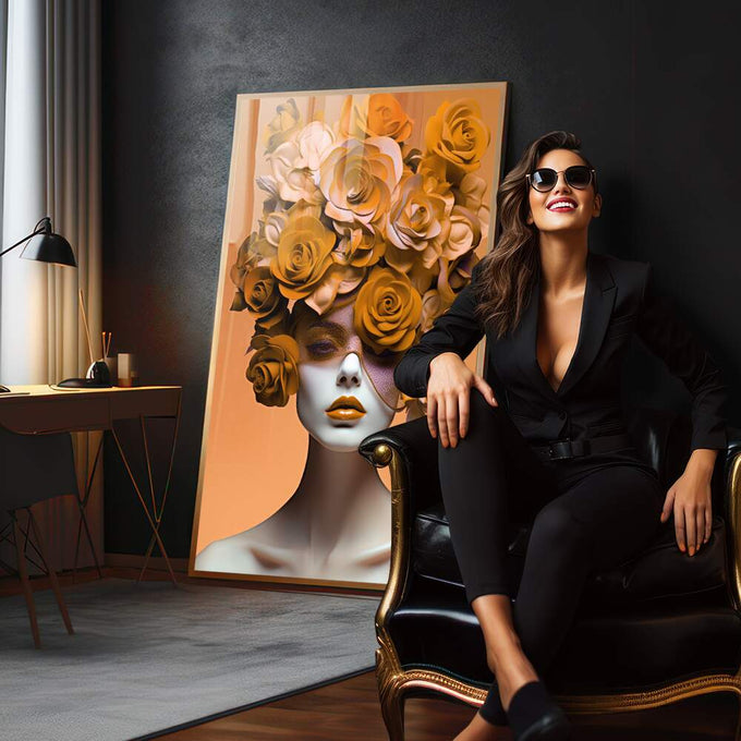 Quadro Decorativo Elegante Mulher com Flores - Toque Sofisticado para Sua Decoração - quadros decorativos para sala 1 Tela Vertical, 3 Telas - em quarto contemporaneo