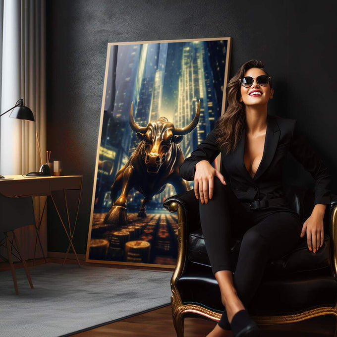 Quadro Decorativo Touro Financeiro - Arte Moderna para Inspiração e Sofisticação - quadros decorativos para sala 1 Tela Vertical, 3 Telas - em quarto contemporaneo
